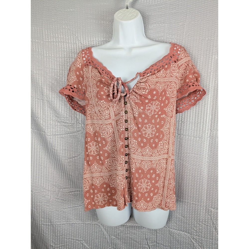 Willow Root Womens Small Boho Paisley Top Eyelet Lace Sleeve Tie Front Button Up
